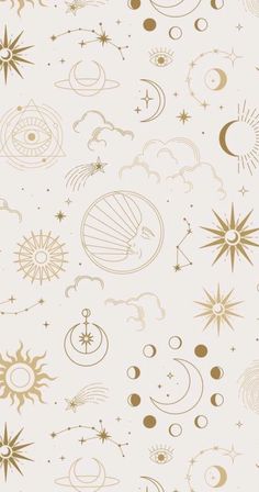 a white and gold wallpaper with stars, planets, and other things on it