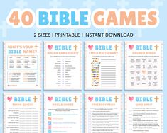 printable bible games for kids with the words 40 bible games and pictures on them