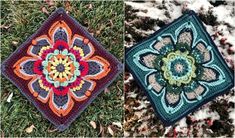 two crocheted squares sitting on top of snow covered ground next to each other