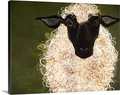 a painting of a sheep with curly hair on it's face and black eyes