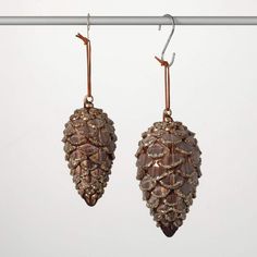 two brown earrings hanging from a metal hook