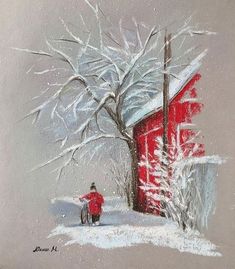 a painting of a person standing in the snow next to a red barn and tree