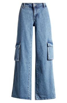 Side cargo pockets give you ample space on these faded wide-leg jeans that give you definite retro vibes. 29 1/2" inseam; 24" leg opening; 10" front rise; 14 1/2" back rise (size 29) Zip fly with button closure Side cargo pockets 100% cotton Machine wash, tumble dry Imported Wishlist Png, Baggy Jeans With Pockets, Dunk Rose, Jean Cargos, Baggy Cargos, Blue Cargo Jeans, Holister Jeans, Aesthetic Clothes Png, Cargo Pants Jeans