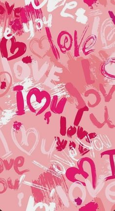 an abstract background with hearts and letters painted in pink, white and black on a light pink background