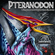 an advertisement for the upcoming game, pteranodon with a colorful bird on it