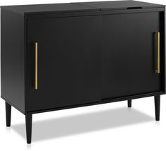 a black cabinet with gold handles on the front and side panels, against a white background