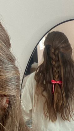 Ribbon Bows In Hair, Cute Hair Bow Hairstyles, Simple Bow Hairstyles, Hairstyles With Front Pieces Out, Hairstyles With Red Ribbon, Easy Hairstyles With Ribbon, Braid Bow Hairstyle, Two Braids With Bows, Bows In Hair Aesthetic