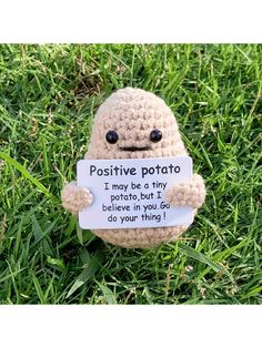 a stuffed animal holding a sign that says positive potato i may be a tiny potato, but i believe in you do do your thing