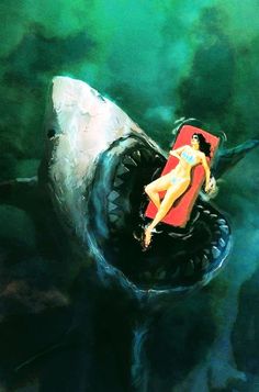 a painting of a woman laying on top of a shark's mouth in the water