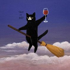 a painting of a black cat holding a broom and a wine glass in the sky