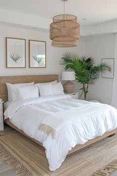 a large bed with white sheets and pillows in a bedroom next to a potted plant