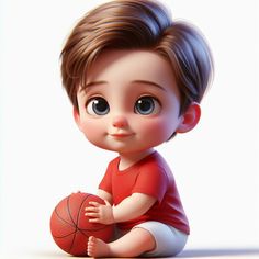 an animated baby boy sitting on the ground with a basketball in front of his face