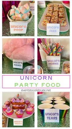 unicorn party food including cupcakes, donuts and candy