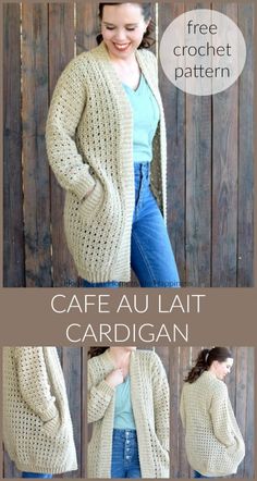 a woman wearing a knitted cardigan with the text, free crochet pattern