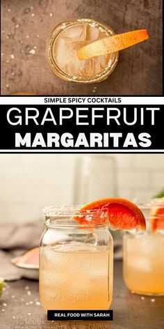 grapefruit margaritas in mason jars with garnish and orange slices on the rim