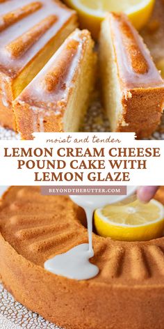 lemon cream cheese pound cake with lemon glaze on the top and in the middle