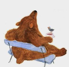 a drawing of a brown bear sitting on a blue chair with a bird in it's mouth