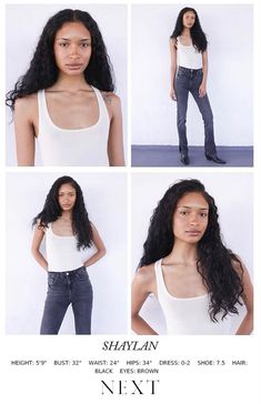 four different pictures of a woman in white shirt and jeans with her hands on her hips