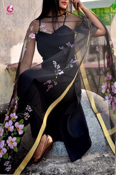 Couture, Black Salwar Suit Design, Black Organza Dupatta, Handpainted Suits, Trendy Outfits Indian, Simple Kurta Designs, Salwar Designs