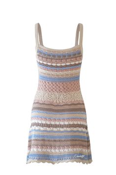 a women's dress with multicolored stripes and crochet on the bottom