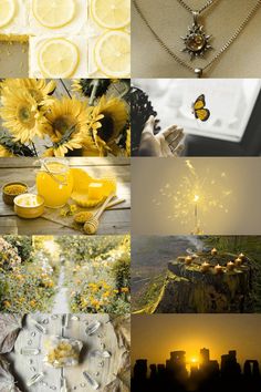 a collage of yellow and white images with flowers, lemons, sunflowers