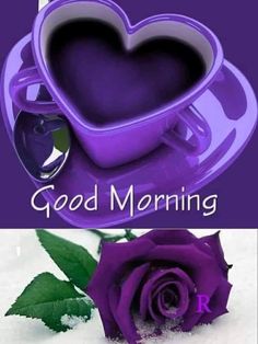 a purple rose sitting in the snow next to a heart shaped object with words good morning on it