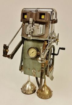 a clock made out of an old time machine with metal parts on it's legs