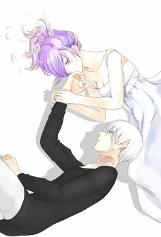 two people laying on the ground with their backs to each other, one person has purple hair