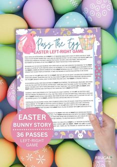an easter story is being held up in front of colored eggs with the text, pass the egg easter left - right game