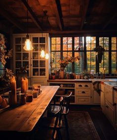 a kitchen filled with lots of counter top space and wooden table topped with pots full of plants
