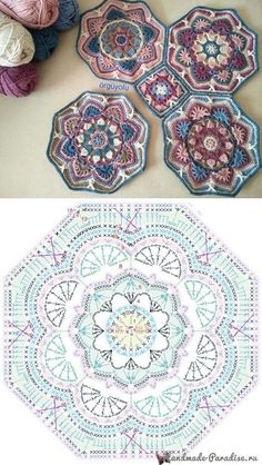 crocheted doily is shown in three different colors