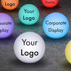 several balls with the words your logo on them are shown in different colors and sizes