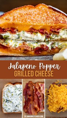A roasted jalapeno popper grilled cheese sandwich on a plate, cut open showing the filling.  Three additional images of the sandwich are shown indicating the assembly one with jalapeno cream cheese, one with bacon, and finally with cheese. Prep Meal Recipes, Yummy Recipes For Dinner Healthy, Maidright Recipe, Fun Meals For Family, Easy And Delicious Breakfast, Easy Country Meals, Cheap One Person Meals, Recipes With A Loaf Of Bread, Feel Good Recipes Comfort Foods