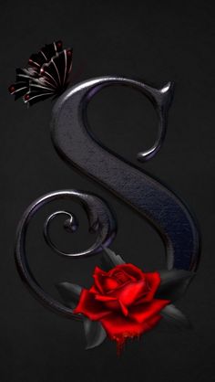 the letter s with a red rose and a butterfly on it's back side