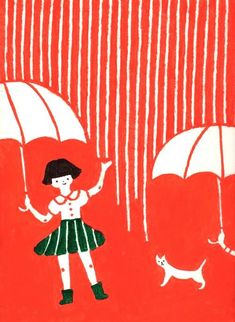 a drawing of a girl holding two umbrellas in the rain with a cat nearby