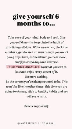 Give yourself 6 months to change your life and enjoy every aspect of it. #positivemindset #positivelife #positiveselftalk #motivation #inspiration Give Yourself 6 Months, Tenk Positivt, Travel To Italy, Turn It Off, Practicing Self Love, Couple Travel, Self Care Bullet Journal, Writing Therapy, Self Healing Quotes