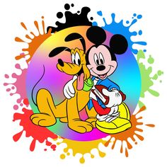 mickey and pluto kissing in front of paint splatters