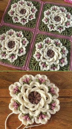 crocheted granny blanket with flowers on top and the same pattern as it appears