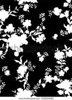 black and white floral pattern with flowers on the left side, in an abstract manner