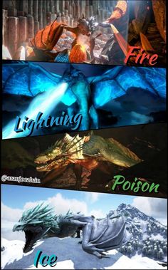 four different types of fire and ice on the same page, each with an image of a dragon