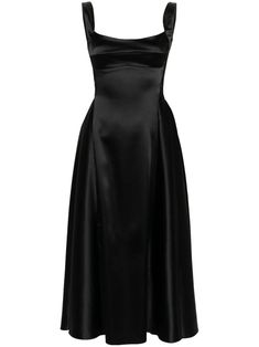 jet black satin finish round neck sleeveless corset style fitted waistline two side inset pockets pleated skirt V-back concealed rear zip fastening Couture, Black Satin Dress, Versace Outfit, Corset Style, Satin Dresses, Cocktail Dress Party, Classy Outfits, Denim Dress