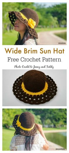 a crocheted sun hat with yellow flowers on the brim is shown in three different views