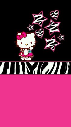 the hello kitty wallpaper is pink and black with zebra stripes, stars and hearts