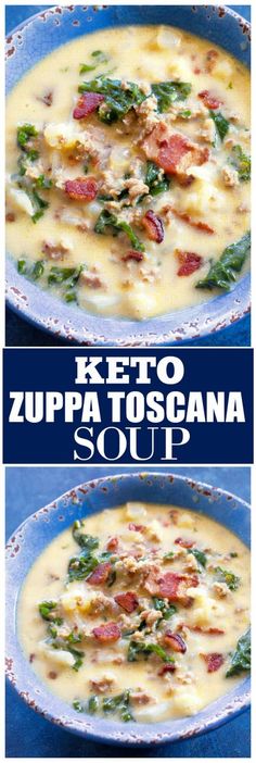 two pictures with different types of food in them and the words keto zupa toscana soup