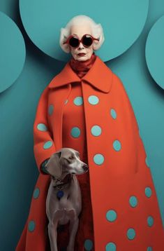 a woman in an orange coat standing next to a dog with polka dots on it