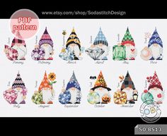 an image of gnomes with hats and flowers on their heads cross stitch pattern by sorb - 811