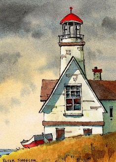 a painting of a lighthouse on top of a hill