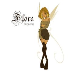 a cartoon character is standing with her arms around her body and the words flora written on it