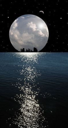 the moon is reflected in the water and it's reflection looks like an earth