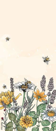 flowers and bees on a beige background with space for text or image, hand drawn illustration